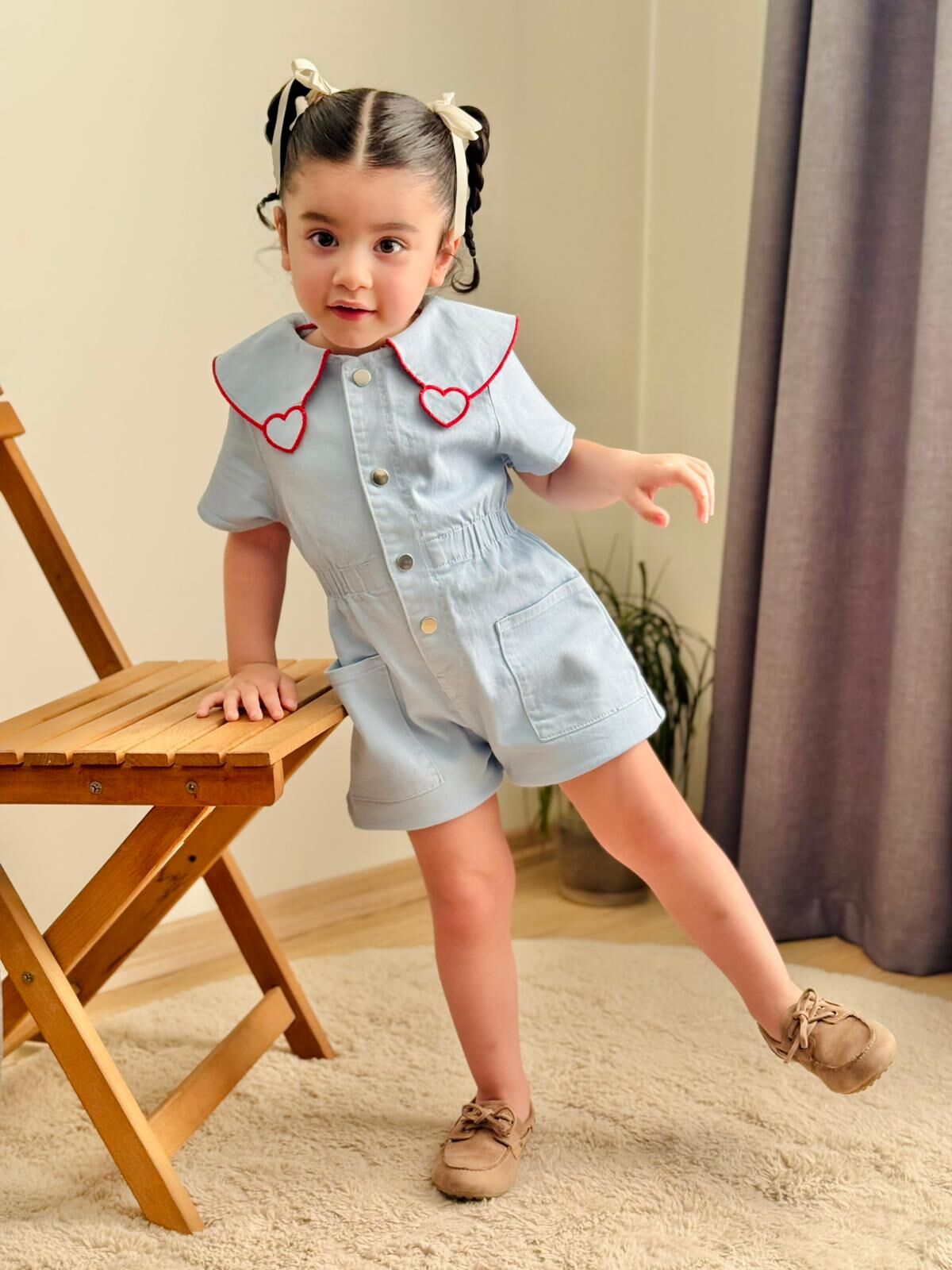 Kalp Nakış Yaka Kız Çocuk  Tulum