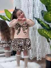 Leopar Kol Güpürlü Etekli Kız Çocuk Takım