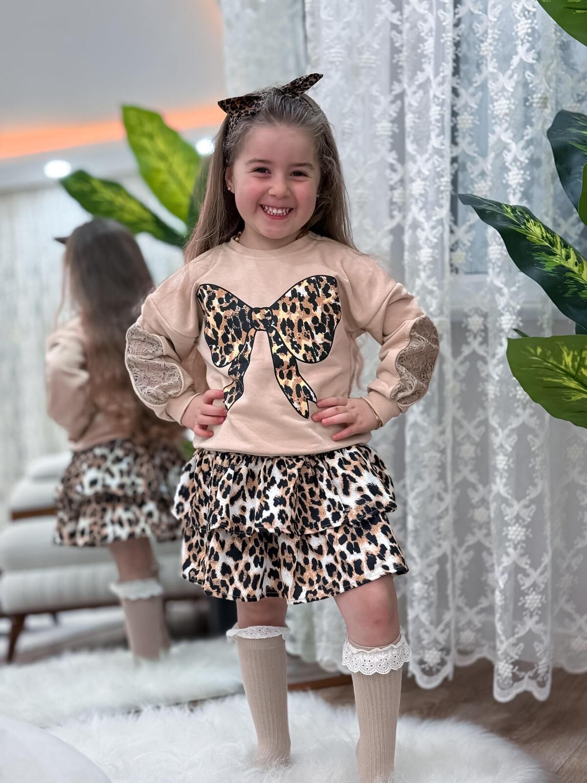 Leopar Kol Güpürlü Etekli Kız Çocuk Takım