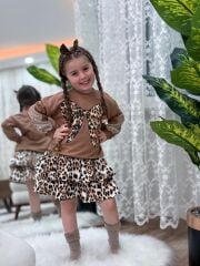 Leopar Kol Güpürlü Etekli Kız Çocuk Takım