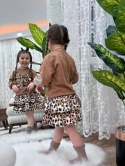Leopar Kol Güpürlü Etekli Kız Çocuk Takım