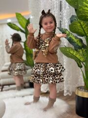 Leopar Kol Güpürlü Etekli Kız Çocuk Takım