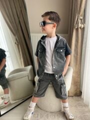 3'lü Kapşonlu İnce Denim Siyah Takım