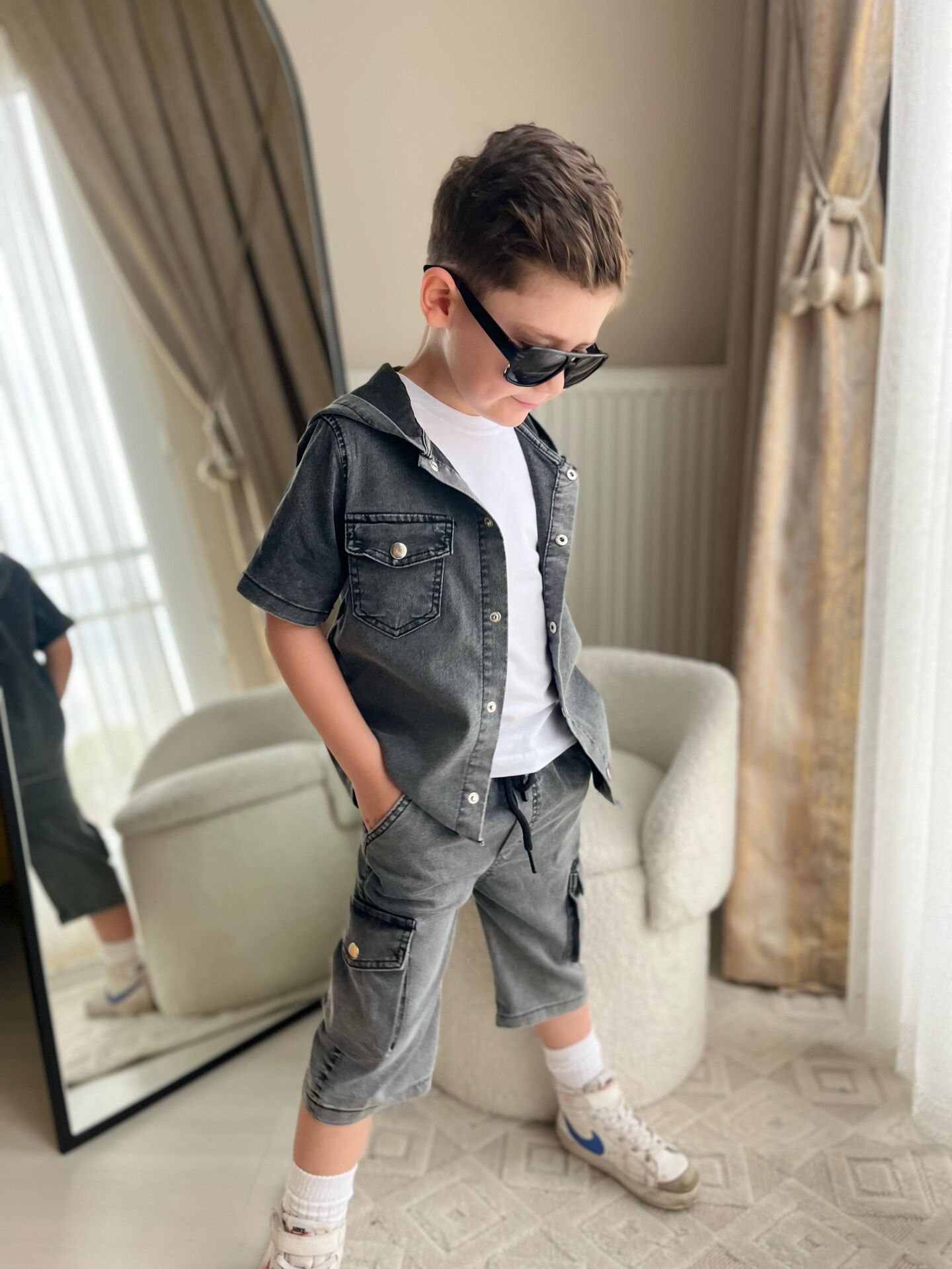 3'lü Kapşonlu İnce Denim Siyah Takım
