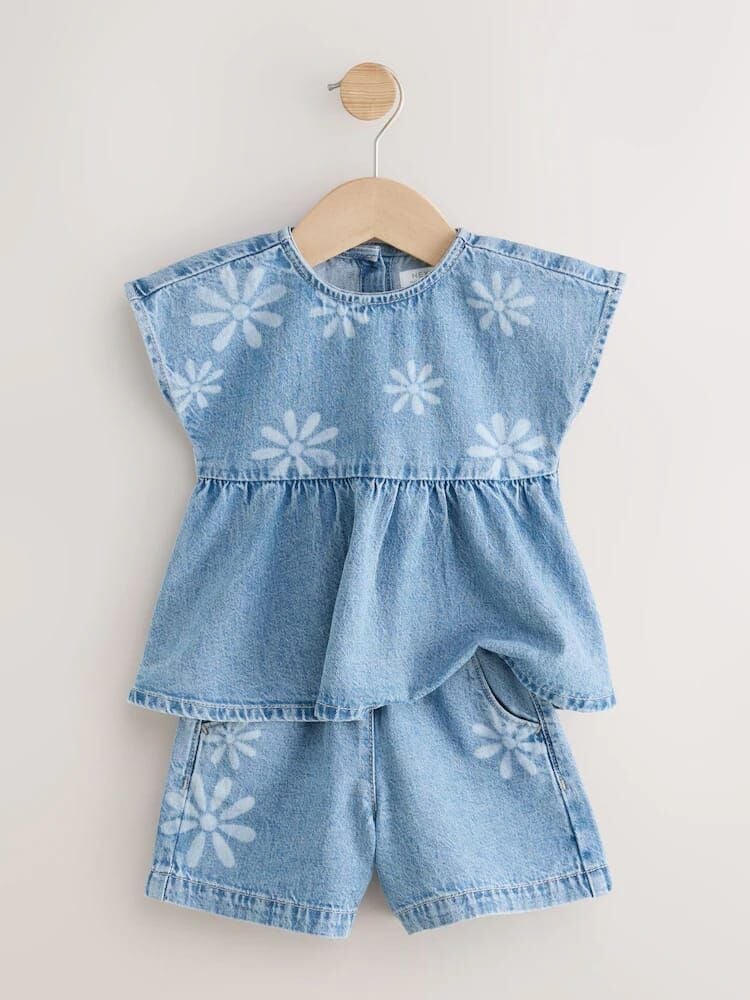 Çiçekli Yumuşak Denim Takım
