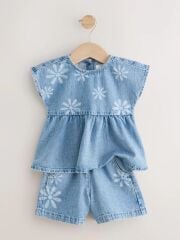Çiçekli Yumuşak Denim Takım
