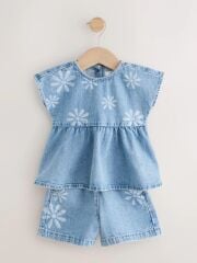 Çiçekli Yumuşak Denim Takım