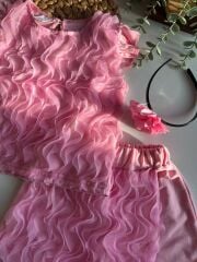 Fırfırlı Pembe Şort Etekli Kız Çocuk Takım