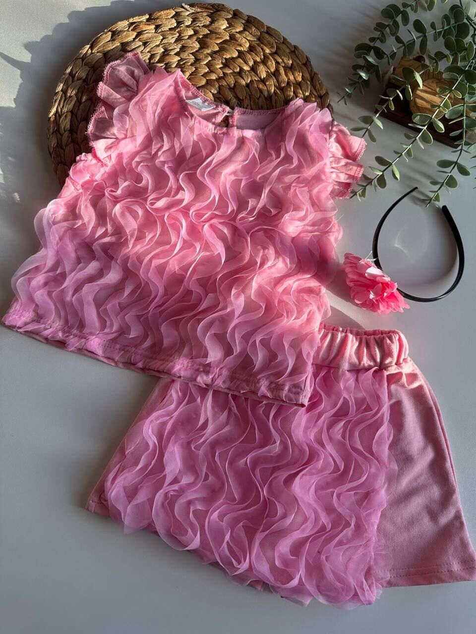 Fırfırlı Pembe Şort Etekli Kız Çocuk Takım