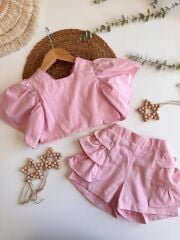 Pembe Fiyonk Detaylı Sortlu Takım