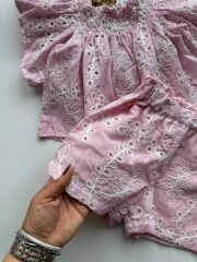 Pembe Aplike Nakış Detay Şortlu Takım
