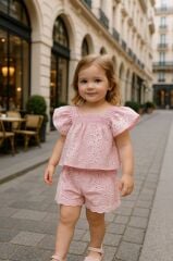 Pembe Aplike Nakış Detay Şortlu Takım