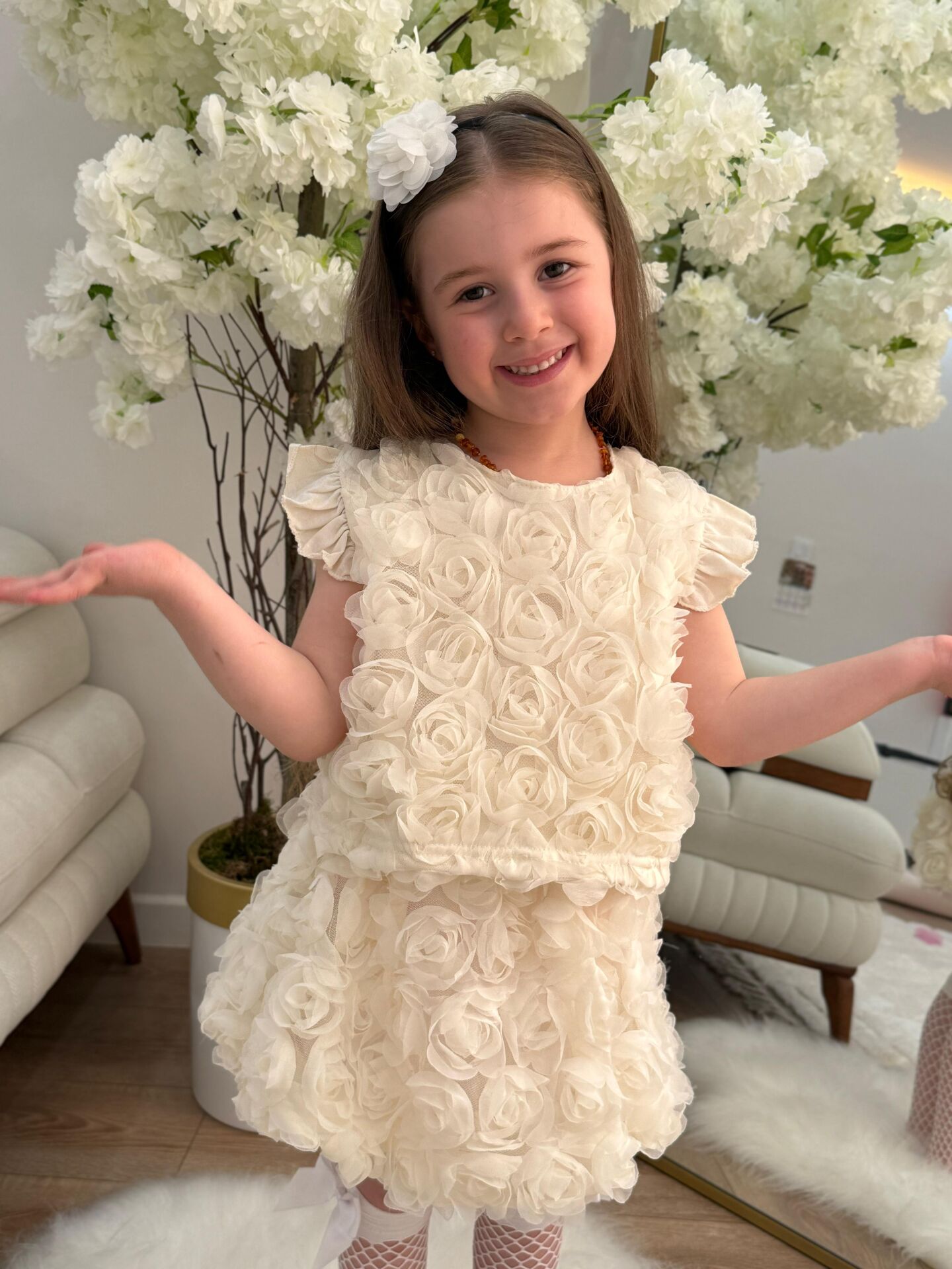 Ekru Gül Balon Etek Kız Çocuk Takım